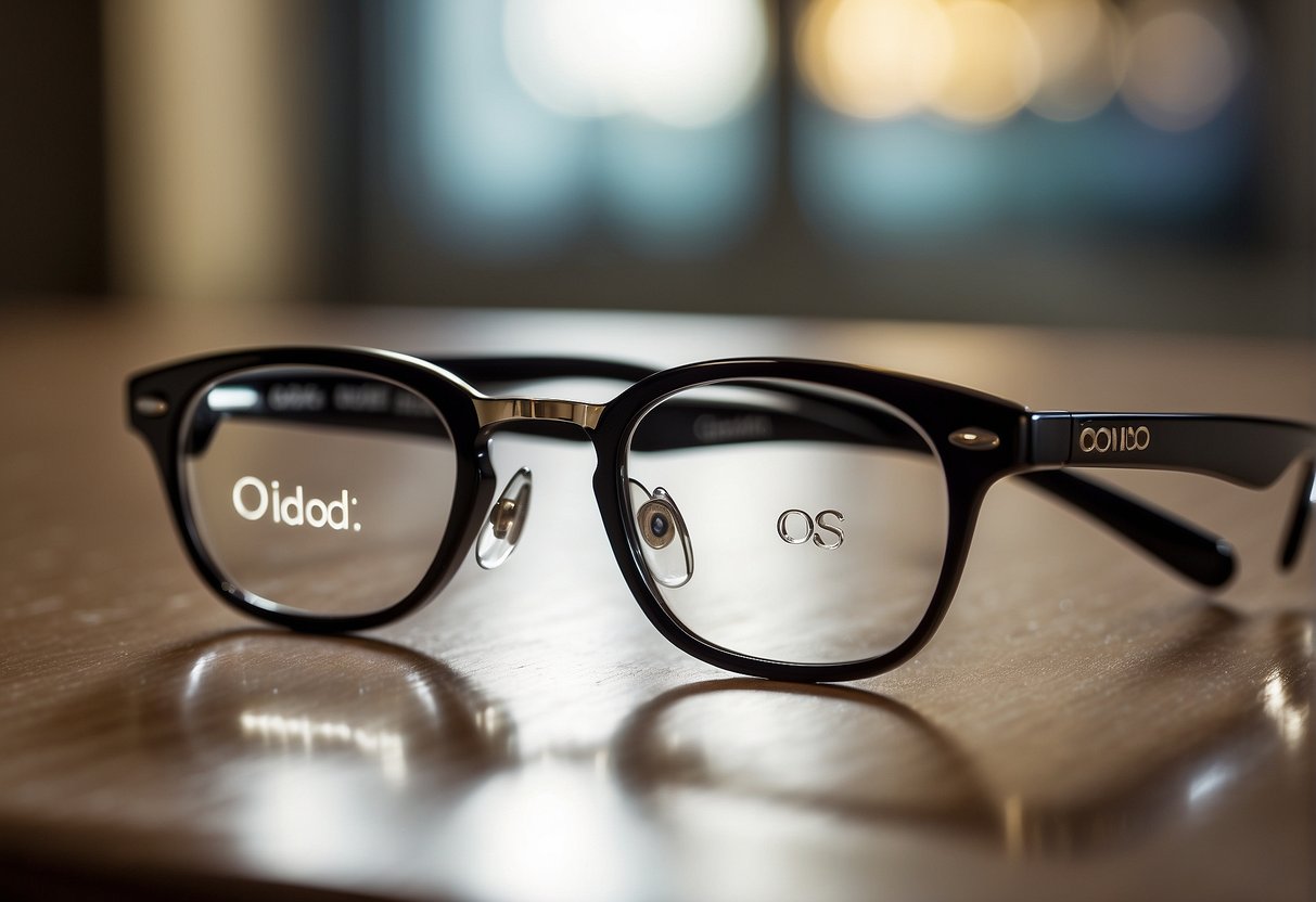 A pair of glasses and contact lenses labeled "OD" and "OS" arranged on a clean, well-lit surface