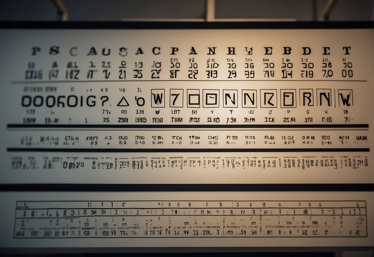 A vision chart with letters of varying sizes, a ruler for measuring distance, and an eye chart with lines of decreasing size