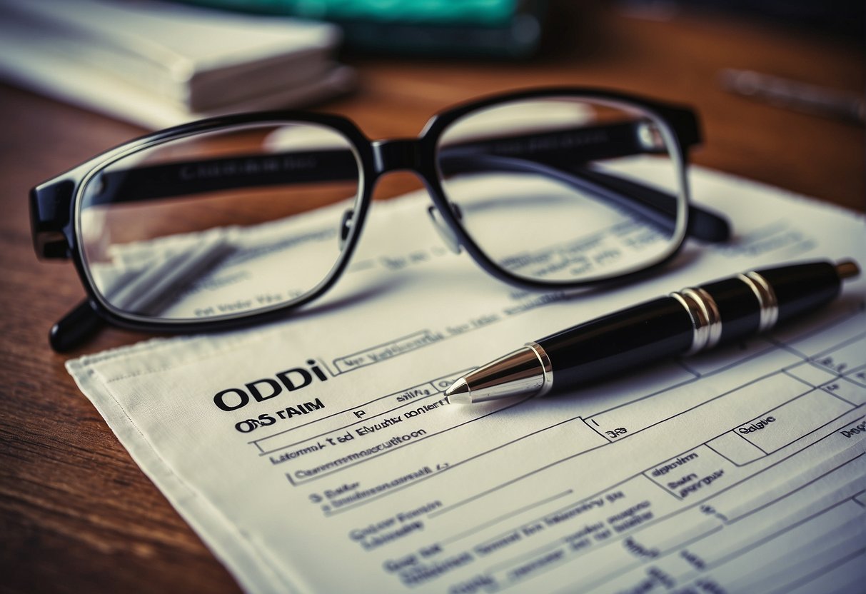 A pair of eyeglasses with one lens labeled "od" and the other labeled "os" sit on a table, surrounded by a prescription pad and a pen