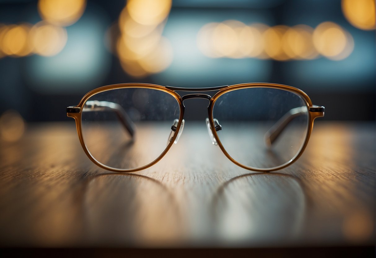 A pair of glasses lying on a table, with the frame and lenses clearly visible