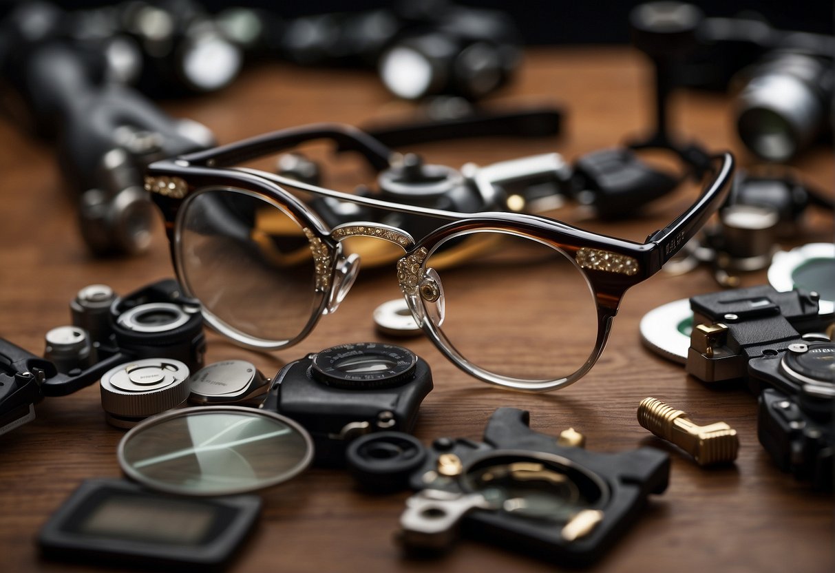 A pair of glasses laid out with its various parts visible and labeled