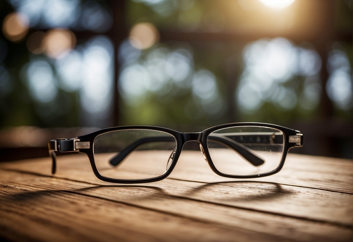 A pair of glasses sits on a wooden table, with one lens slightly tilted and a small screw missing from the frame