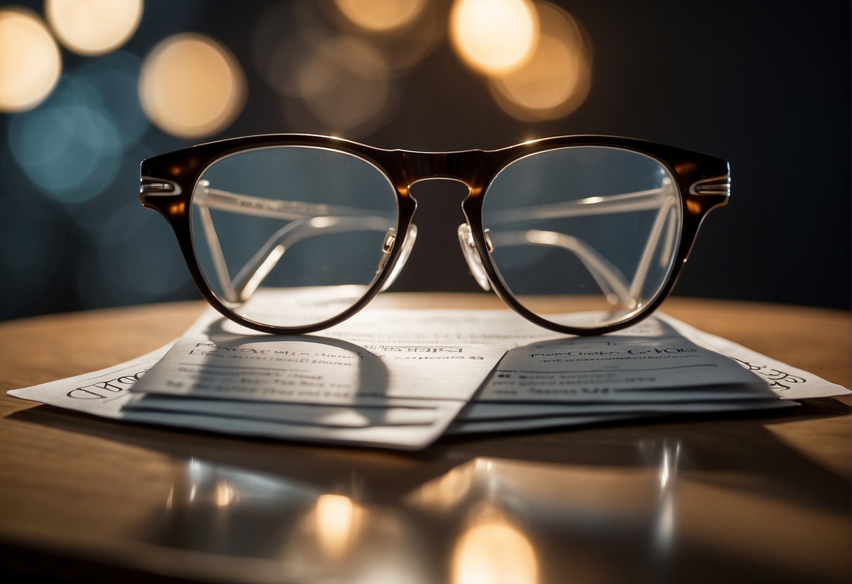 A pair of glasses with a stack of FAQ cards next to them