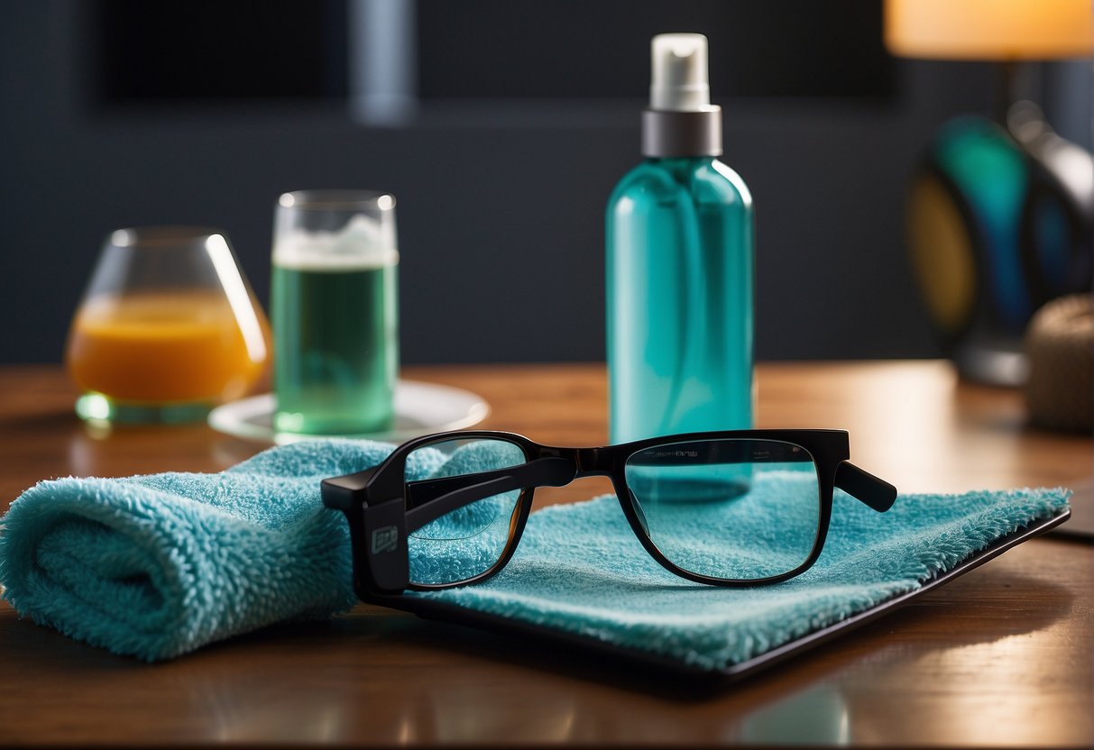 A hand holding a microfiber cloth buffing a pair of glasses, with a bottle of lens cleaner nearby