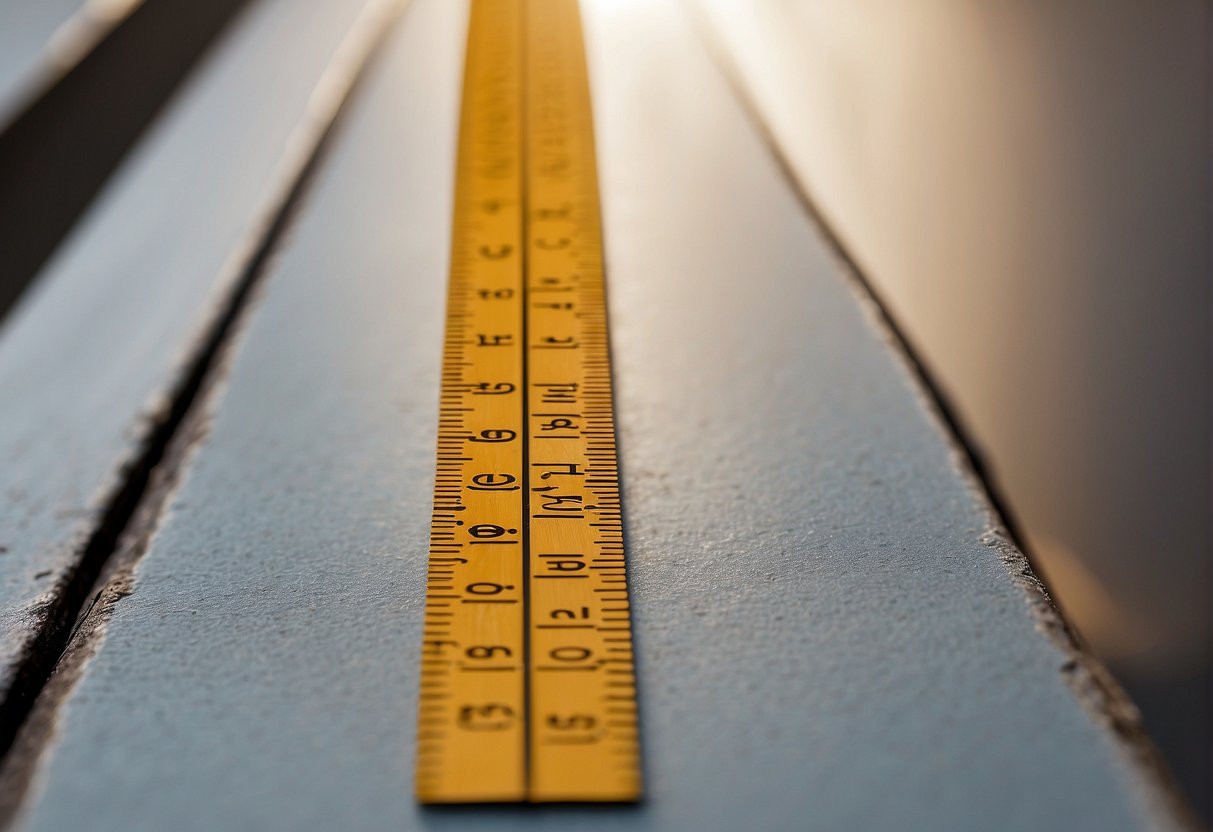 A ruler placed horizontally on a flat surface with two points marked on it, representing the pupillary distance