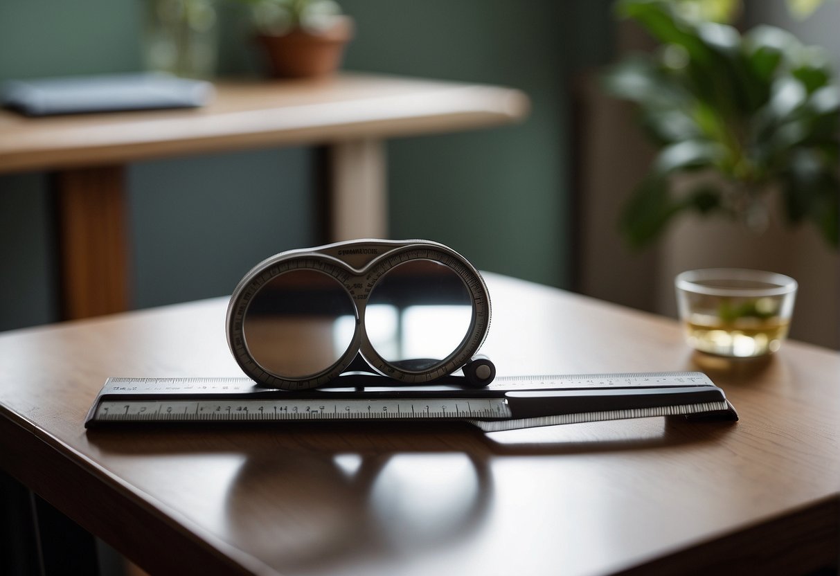 A table with a ruler, pupillometer, and mirror. The pupillometer is being used to measure the distance between the pupils