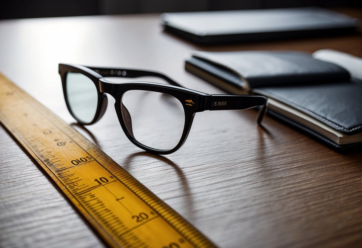 A ruler placed horizontally on a flat surface, with a pair of glasses positioned on top. A second ruler placed vertically to measure the distance between the centers of the lenses