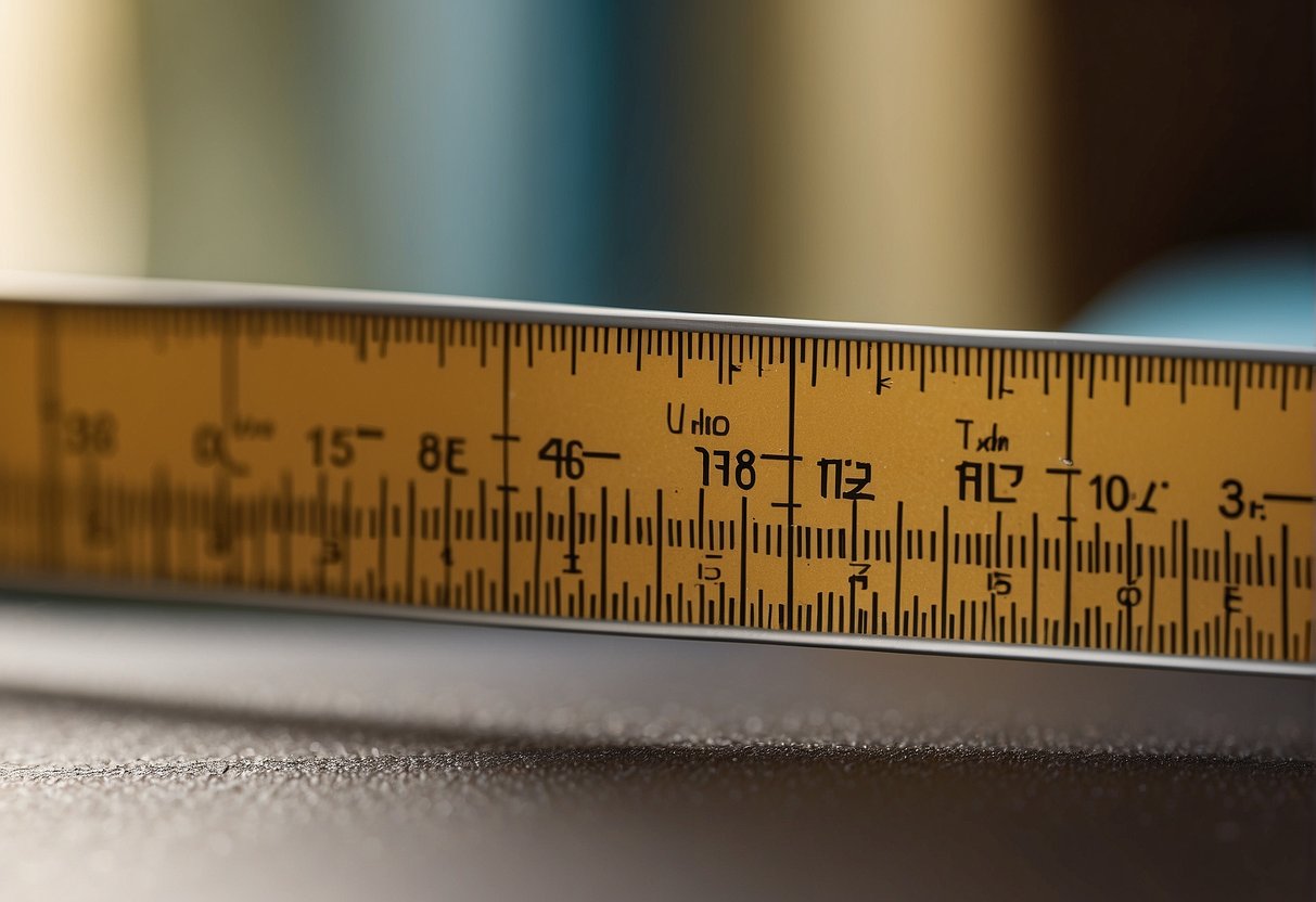 A ruler measures the distance between two round objects, representing pupillary distance. The ruler is held horizontally and the distance is noted