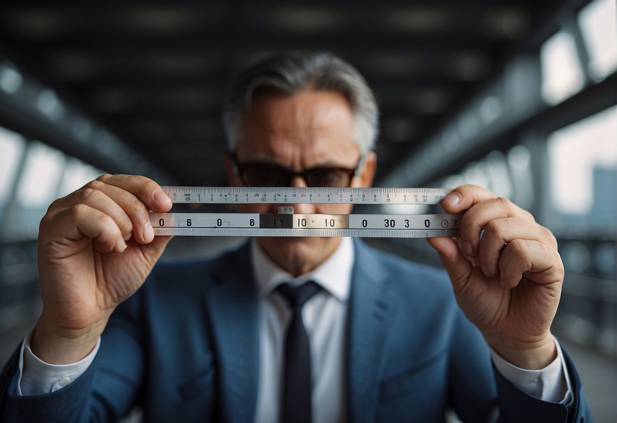 A person measures PD with a ruler across the bridge of eyeglasses. The ruler rests against the lenses, marking the distance between the pupils