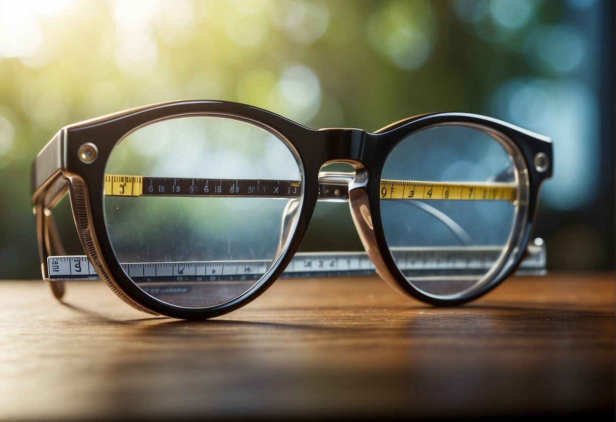 A ruler placed horizontally across a pair of glasses, with a measuring tape or ruler vertically aligned to measure the distance between the centers of the lenses