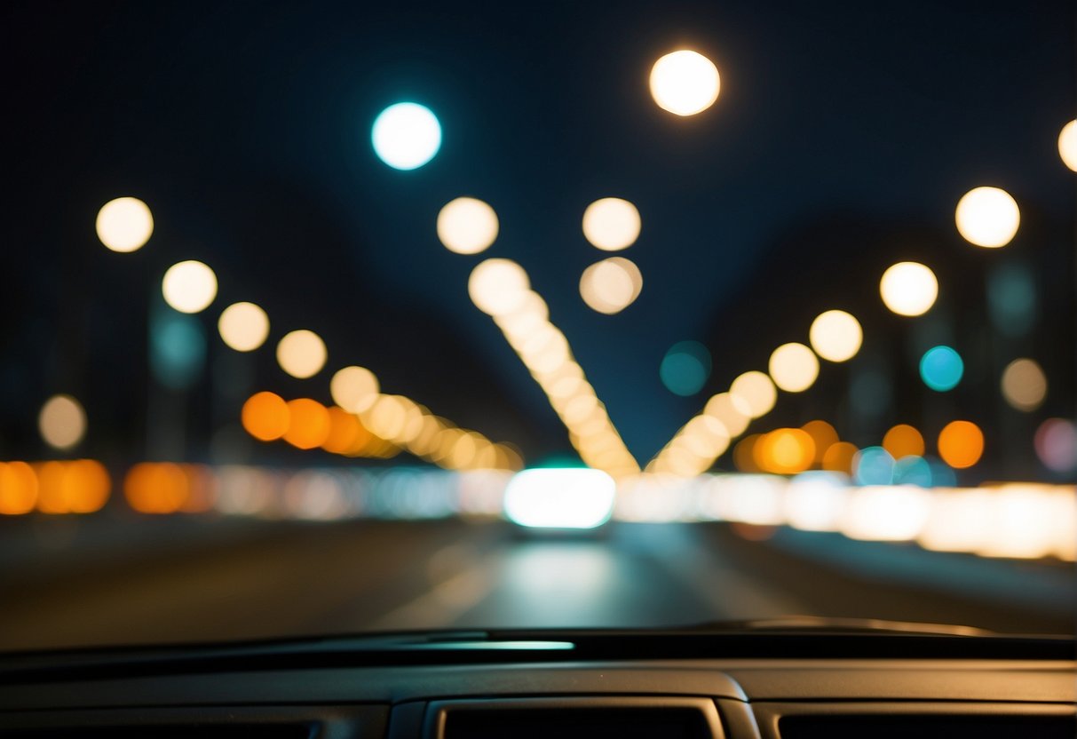 A blurry, distorted view of streetlights and car headlights at night due to astigmatism