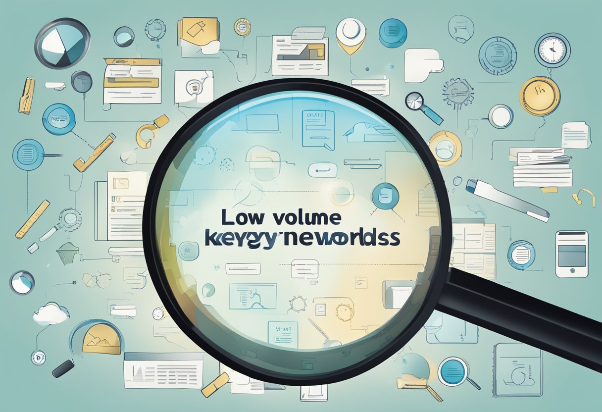 A magnifying glass hovers over a group of small, scattered keywords, representing the concept of "low volume keywords."