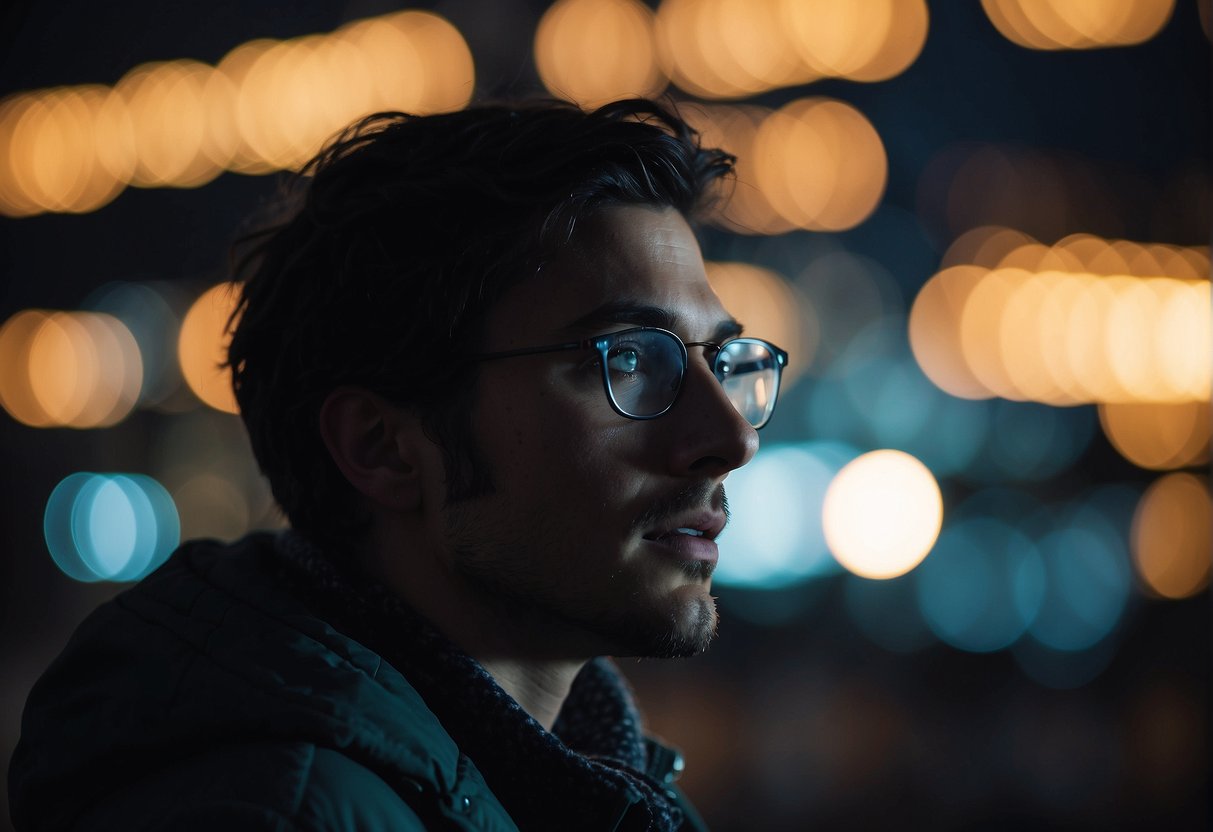A person with astigmatism struggles to see clearly at night, with lights appearing blurry and distorted