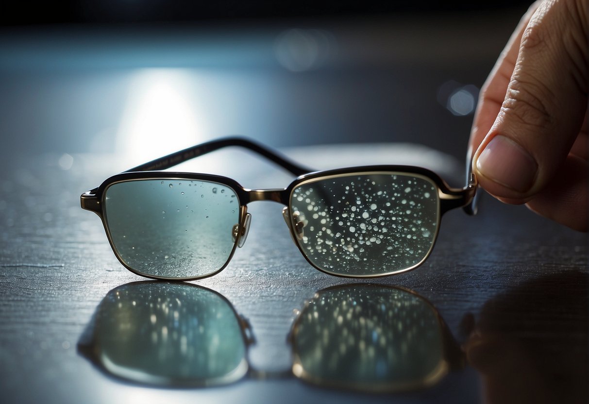 A pair of glasses being gently wiped with a microfiber cloth, removing smudges and fingerprints, leaving the lenses sparkling clean