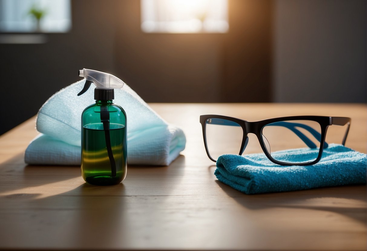 A hand reaches for a microfiber cloth and spray bottle, next to a pair of glasses on a table