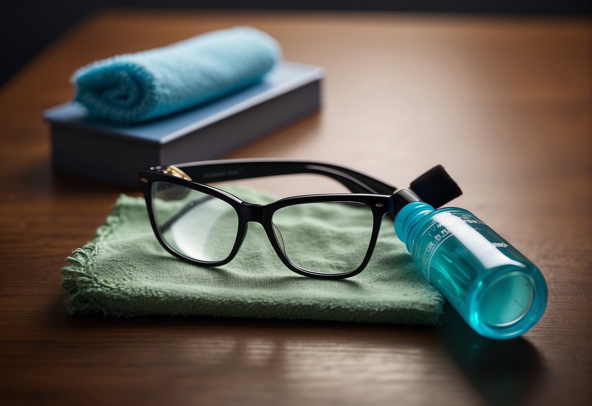 A pair of glasses being gently wiped with a microfiber cloth, with a bottle of lens cleaner and a soft brush nearby