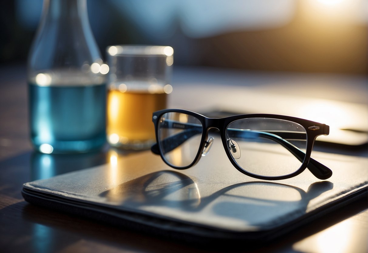 Glasses on a clean, flat surface with a microfiber cloth and cleaning solution nearby