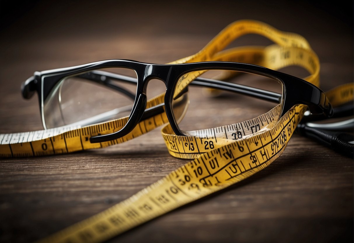 A measuring tape wraps around a pair of glasses, noting the width and height of the frames. A ruler lies next to them for additional measurements