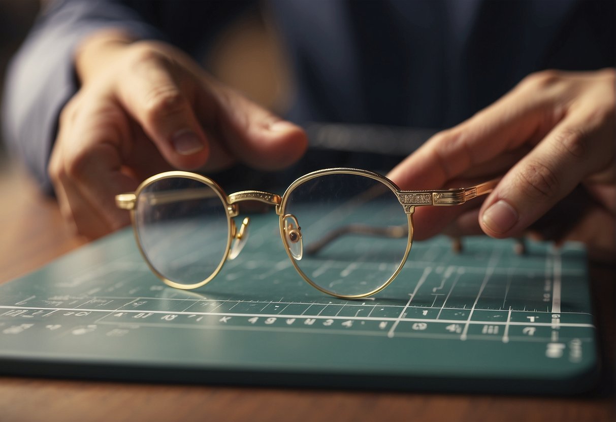A hand reaches for a ruler and measures the width and height of a pair of glasses frames on a table
