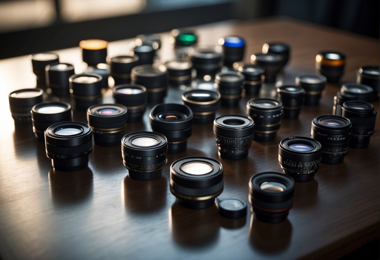 A table with various types of lenses laid out, each with their respective measurements and specifications