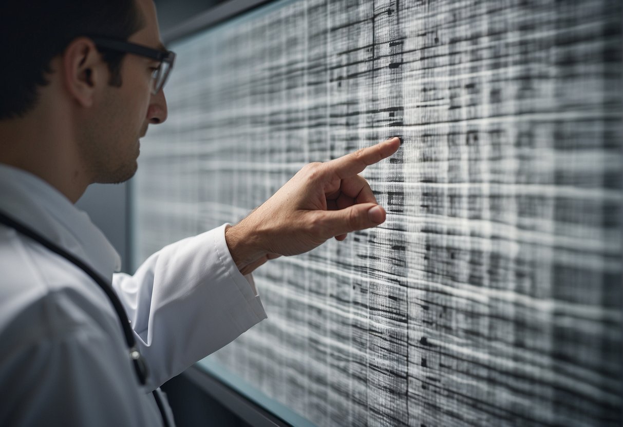 A blurry image of a letter chart with distorted lines and shapes. A doctor pointing to the chart, explaining astigmatism