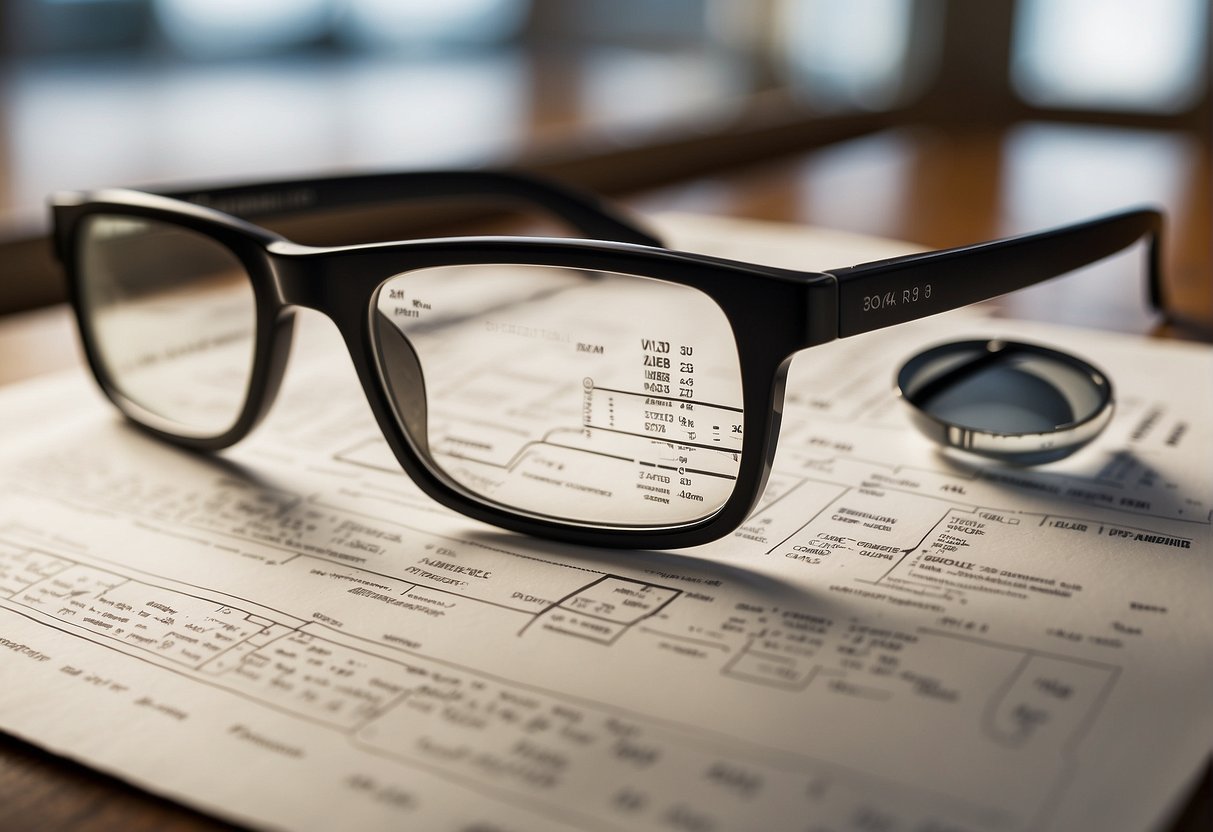 A pair of glasses with a cylindrical lens, a diagram of an eye showing irregular cornea shape, and a blurred vision chart