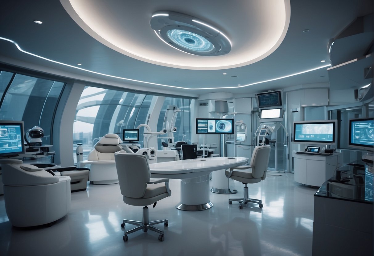A futuristic eye clinic with advanced technology and a team of specialists treating astigmatism