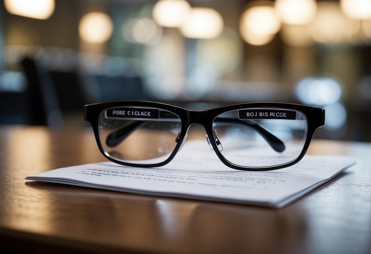 A pair of glasses sits on a sleek, modern table next to a price list. A sign in the background reads "Eye Exam Cost."
