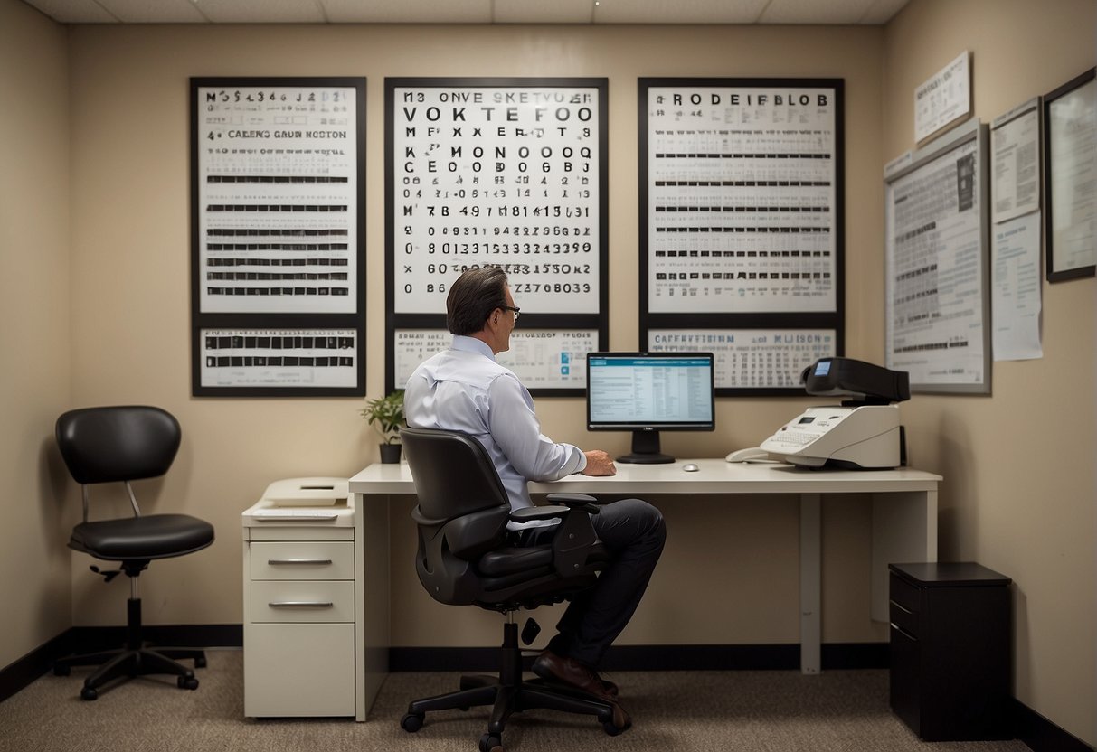 A person sitting at an optometrist's office, with an eye chart on the wall and a desk with a computer and paperwork