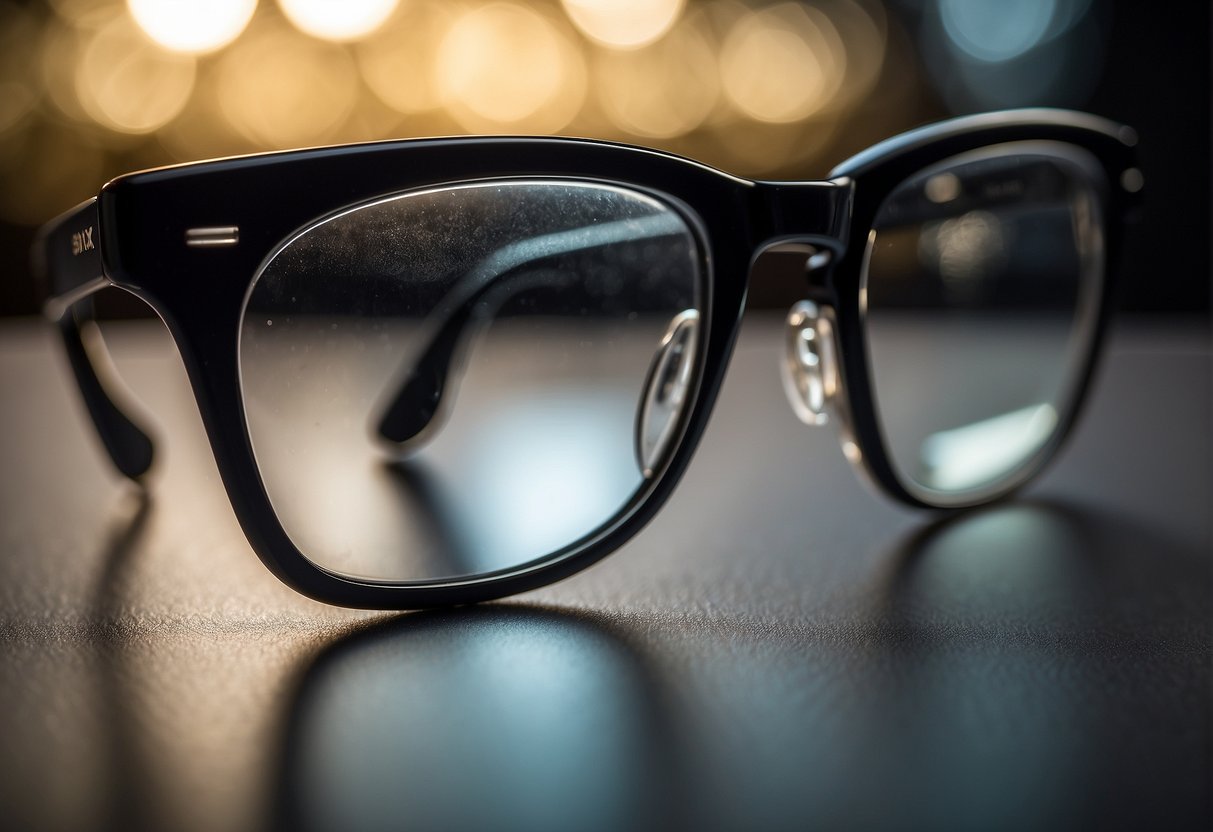 A pair of glasses with a clear, anti-reflective coating, reflecting minimal light, against a dark background