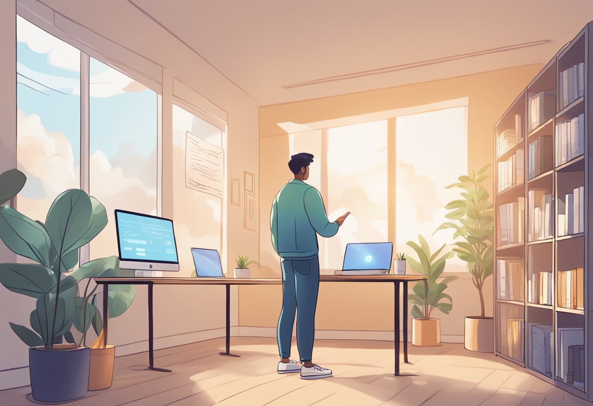 A person stands in front of a computer screen, with a smile on their face as they read positive affirmations and motivational quotes generated by AI. The room is filled with natural light, creating a sense of calm and tranquility