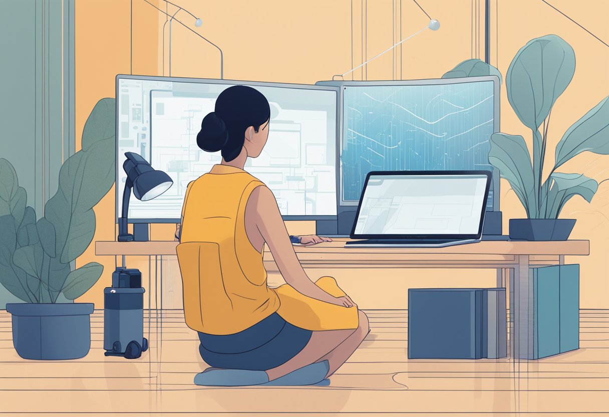 A figure sits in a tranquil setting, surrounded by technology. The AI-generated content provides a sense of privacy and anonymity, promoting motivation and mental well-being