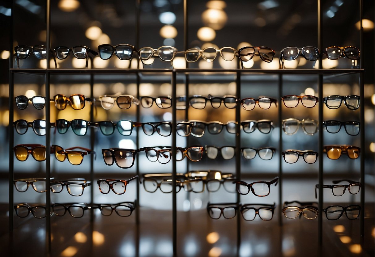 A variety of glasses frames arranged in front of a mirror, with different shapes and styles to match various face shapes