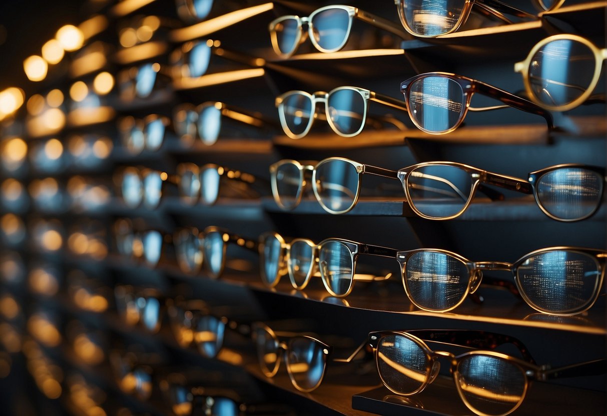 A variety of glasses frames arranged in a grid, each labeled with a different face shape. Light streams in from a nearby window, casting soft shadows on the frames