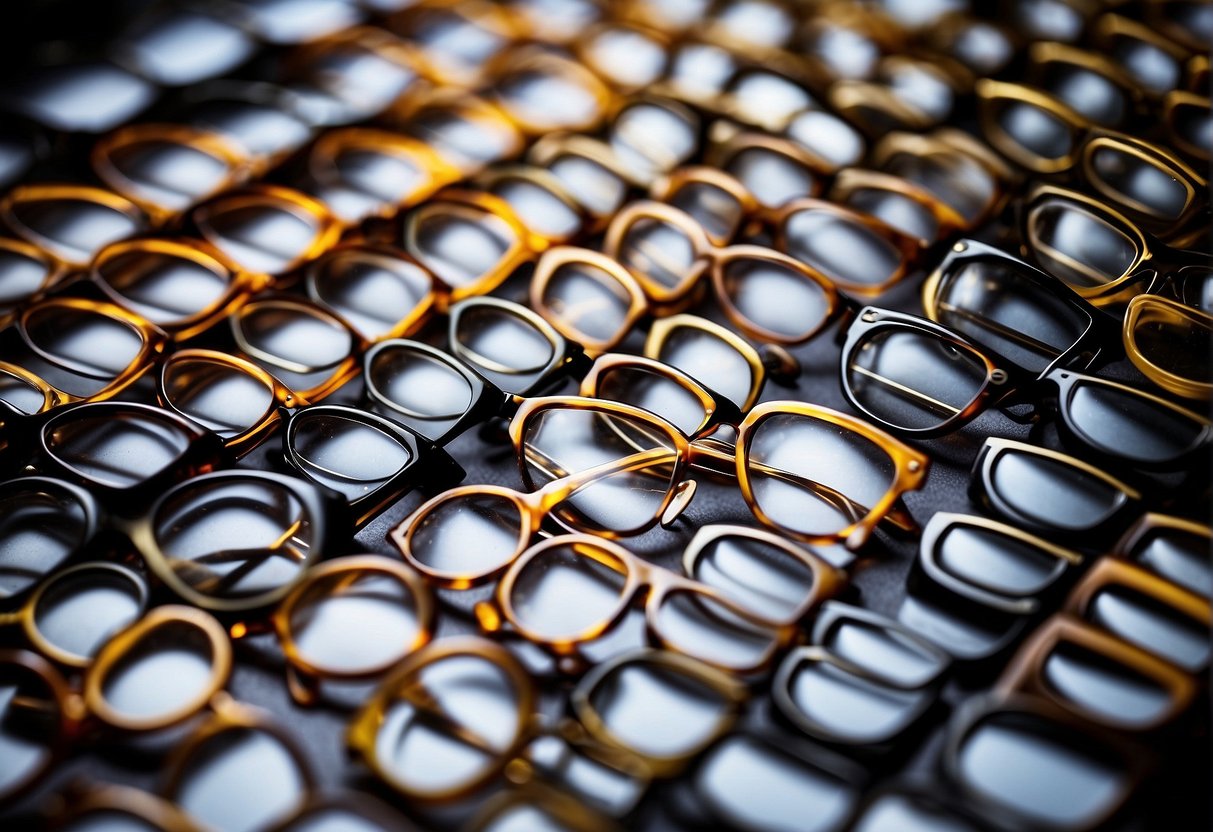 A variety of glasses frames arranged in a grid, showcasing different shapes and styles. Each frame is labeled with the face shape it suits best