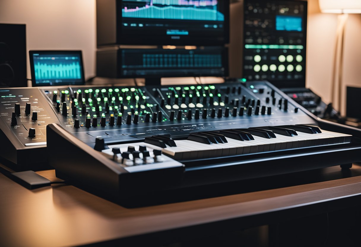 The Yamaha CS80 synthesizer sits on a sleek, modern desk, surrounded by cables and other electronic music equipment. The soft glow of the LED display illuminates the room, creating a futuristic and atmospheric vibe