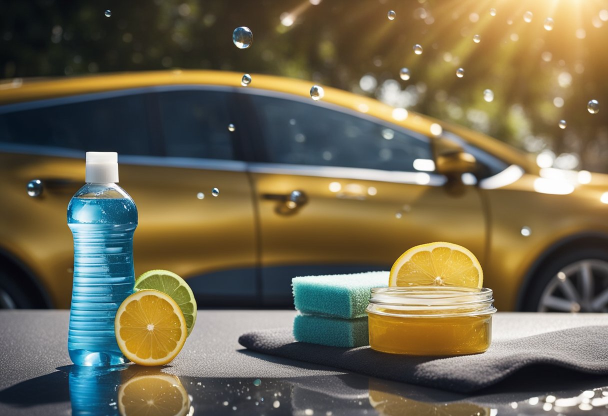 A shiny car with water droplets on the surface, surrounded by cleaning supplies and waxing products. The sun reflects off the vehicle, highlighting its polished exterior