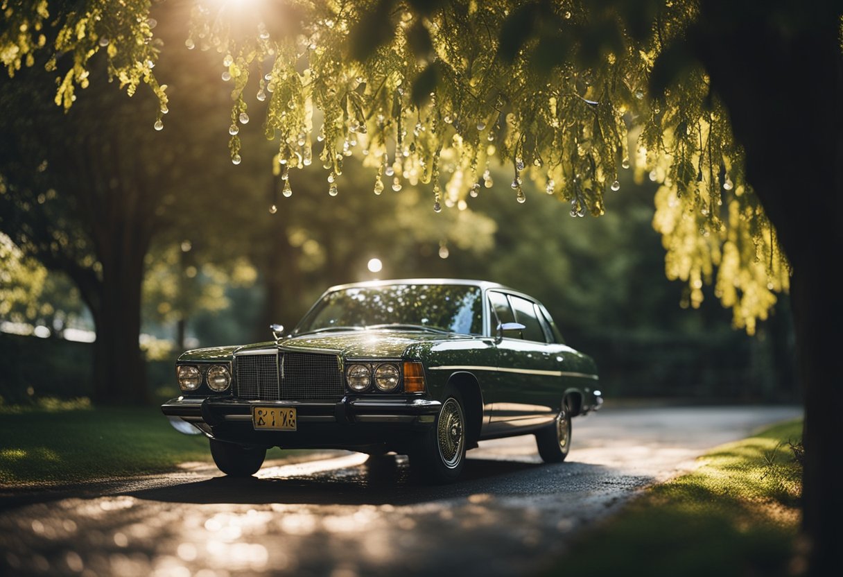 A shiny, newly waxed car parked under a shady tree, protected from the elements. Water beads up on the surface, showcasing the vehicle's well-maintained appearance