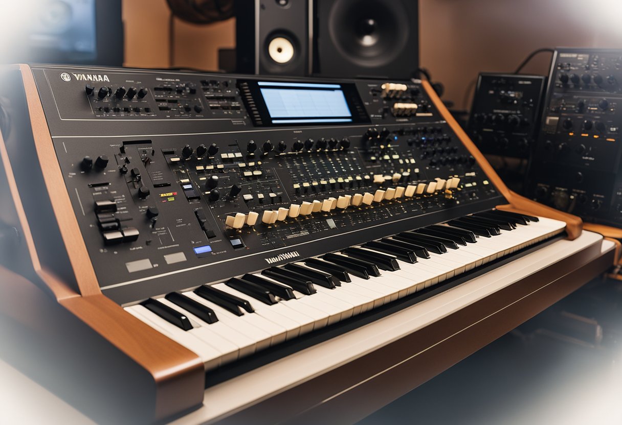 A Yamaha CS80 synthesizer sits on a sleek, modern desk, surrounded by various cables and music equipment. The room is bathed in warm, ambient lighting, creating a cozy and inviting atmosphere for music creation