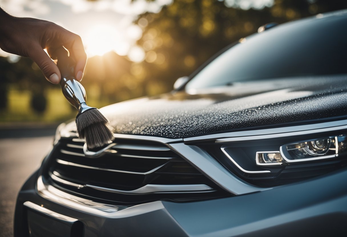 A car being meticulously waxed and detailed, with a focus on the intricate process and tools used to achieve a flawless finish