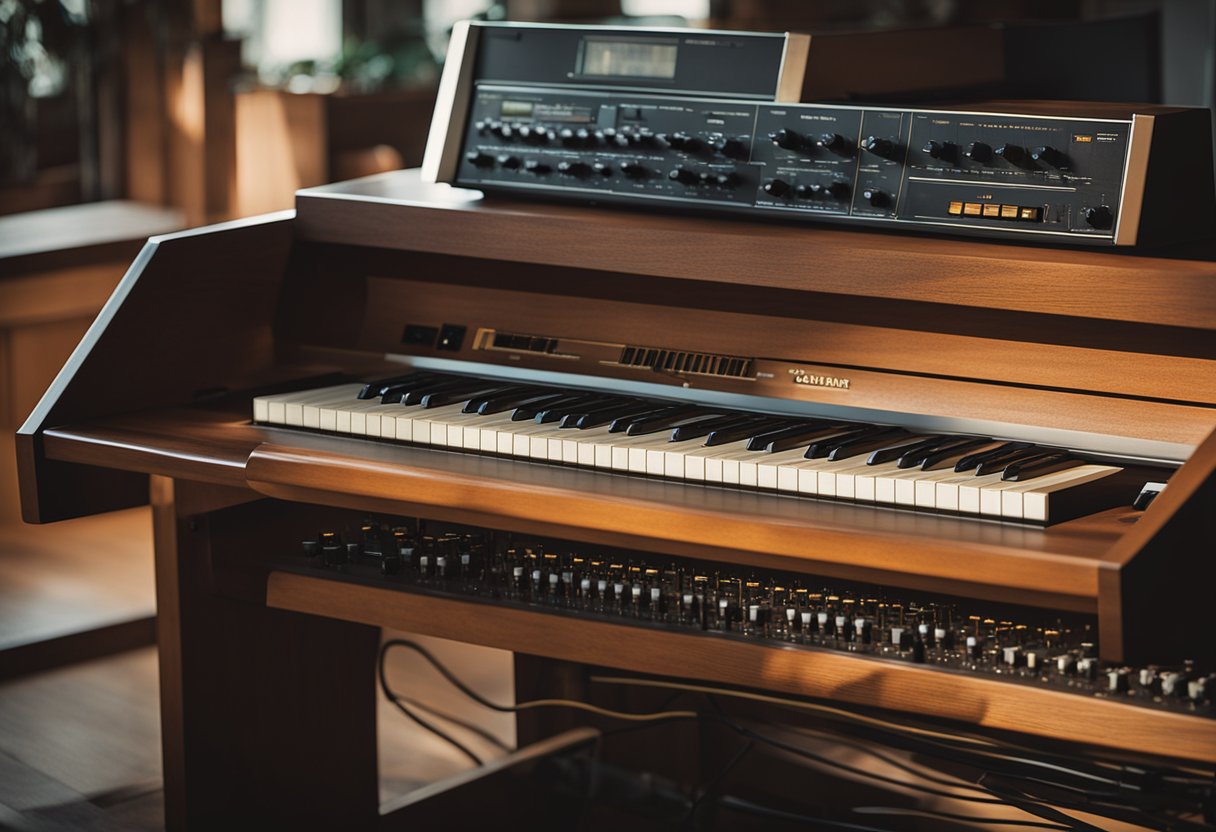 The Yamaha CS80 sits on a vintage wooden desk, surrounded by analog synthesizer equipment. A warm, nostalgic glow emanates from the instrument, evoking a sense of preservation and emulation