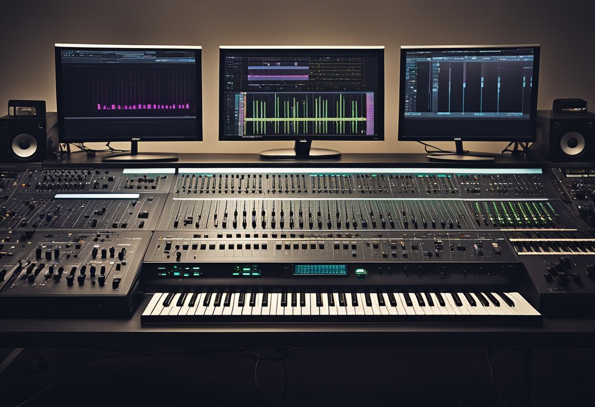 A Yamaha CS80 synthesizer sits on a sleek, modern desk, surrounded by other high-tech music production equipment. The soft glow of the LED screens illuminates the room, creating a futuristic and cutting-edge atmosphere