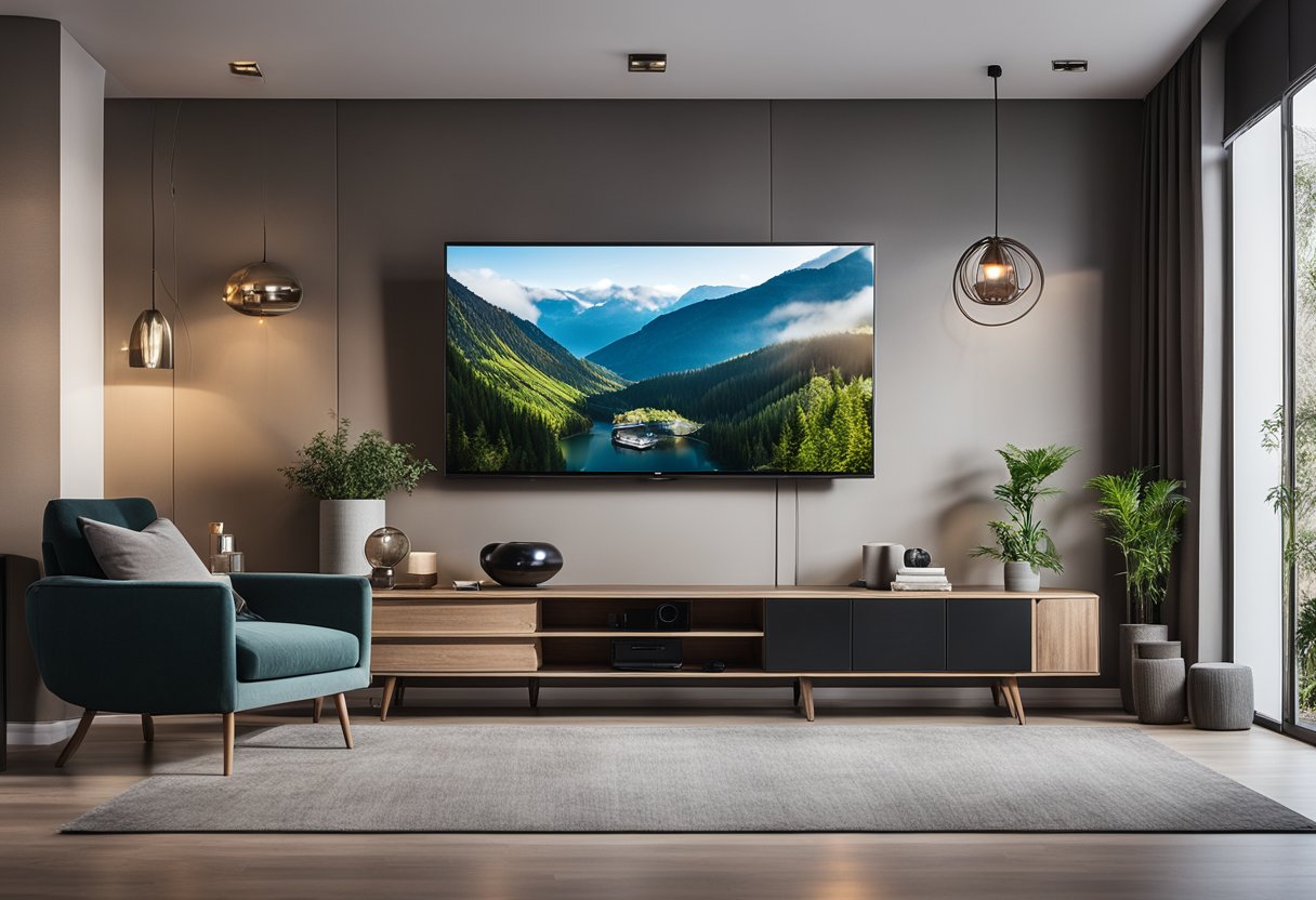 A modern living room with a sleek TV displaying "Trends iptv" on the screen, surrounded by comfortable furniture and a cozy ambiance