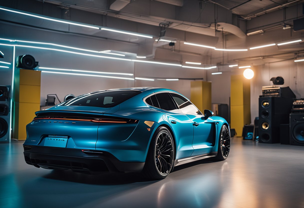 A sleek Porsche Taycan sits in a futuristic garage, surrounded by electronic music equipment. Vibrant lights and sound waves emanate from the car, inspiring the musicians around it