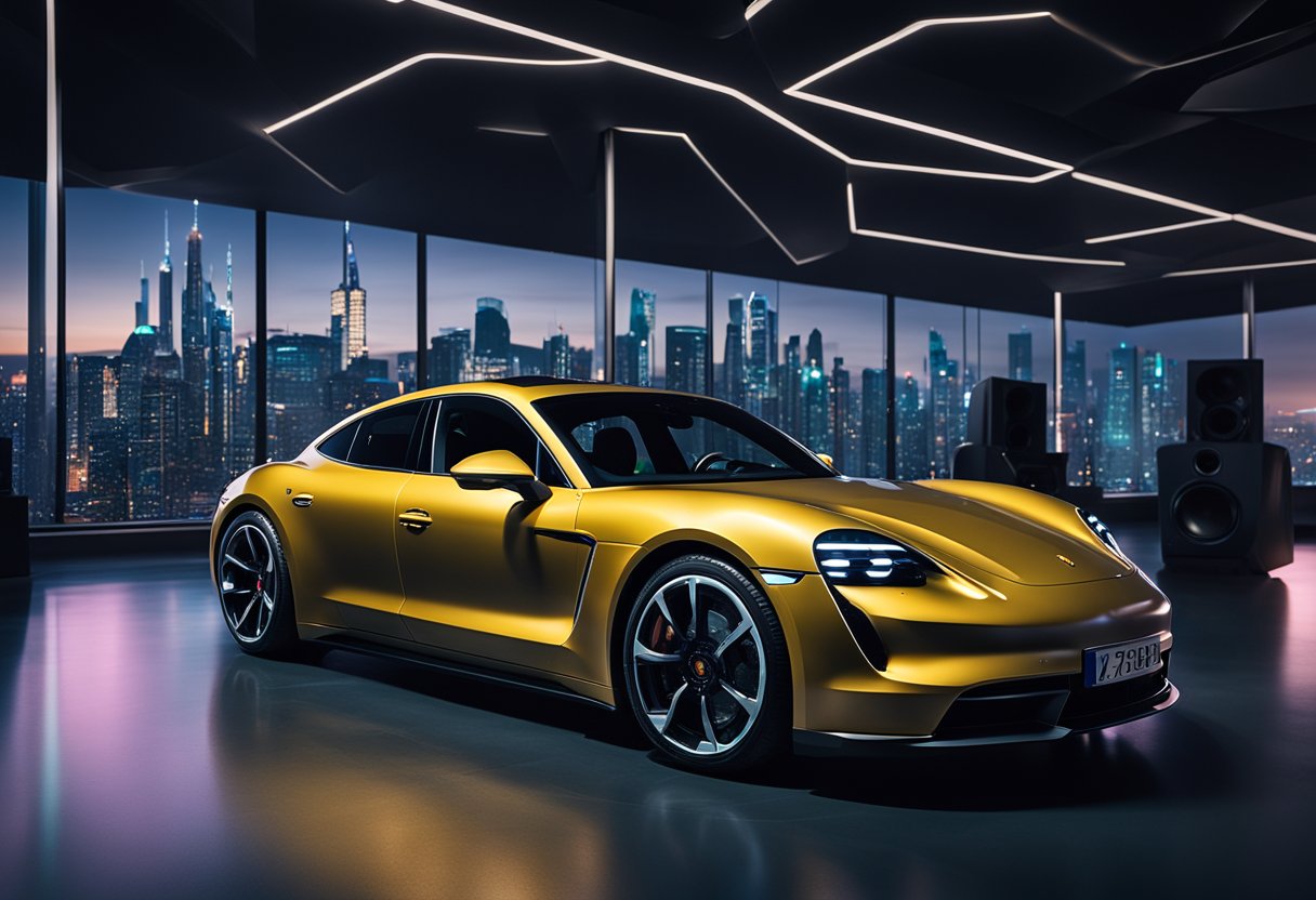 A sleek Porsche Taycan sits surrounded by synthesizers and sound equipment, with pulsing lights and a futuristic city skyline in the background