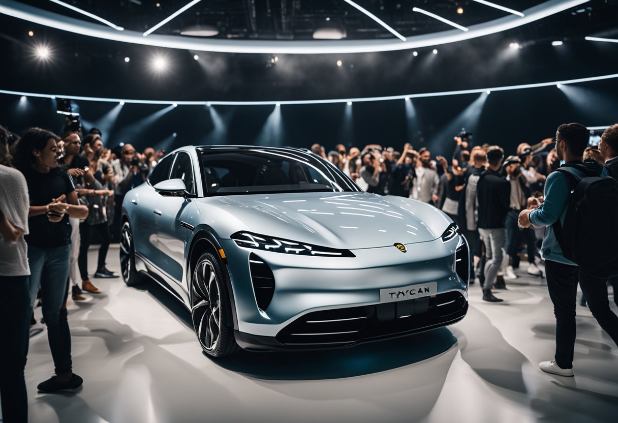 The Taycan EV sits center stage, surrounded by electronic music equipment. A crowd of enthusiasts dances to the pulsating beats, while the car's sleek design and futuristic features inspire the musicians