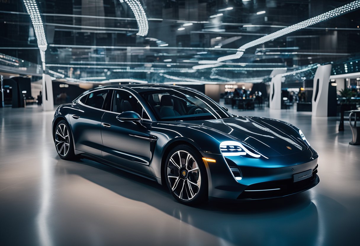 A sleek Porsche Taycan EV sits in a futuristic city, surrounded by electronic music equipment. The car's sleek lines and high-tech features inspire musicians creating futuristic tunes