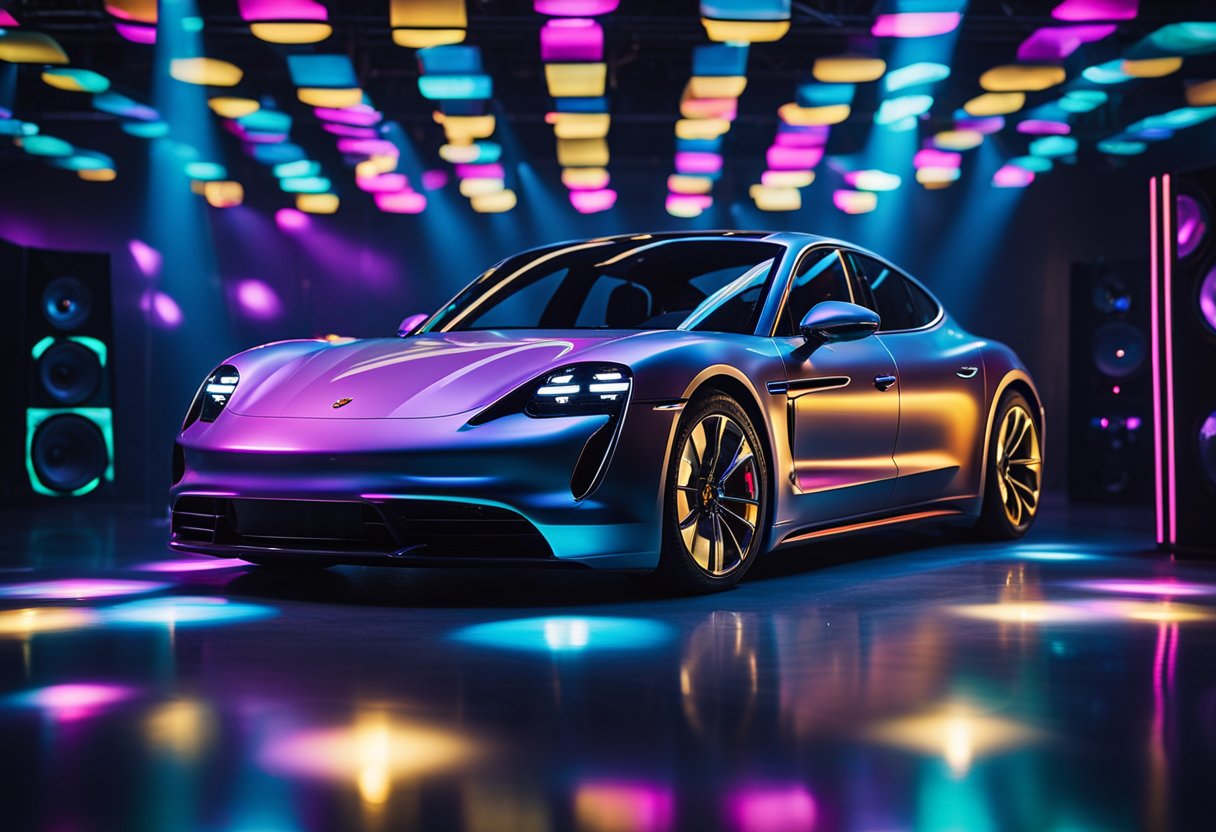 A Porsche Taycan surrounded by electronic music equipment, with colorful lights and sound waves emanating from the car