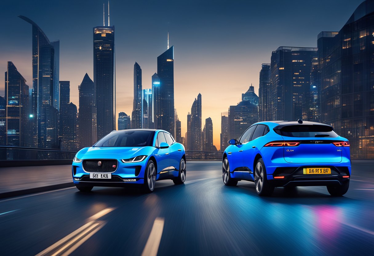 The sleek Jaguar I-Pace glides through a cityscape, its electric blue body reflecting the neon lights of futuristic buildings