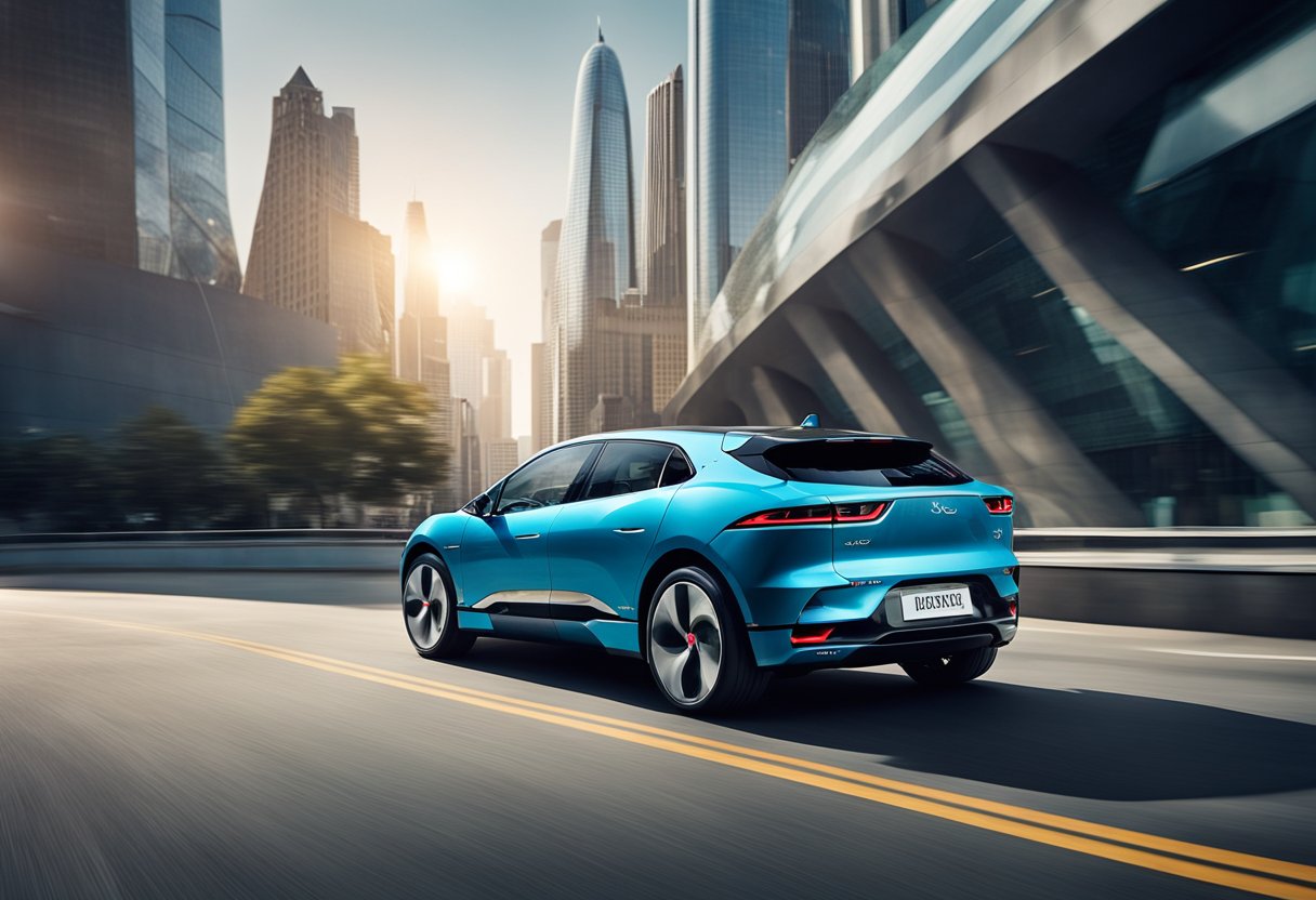 The Jaguar I-Pace glides through a futuristic cityscape, its sleek lines and bold design reflecting the cutting-edge technology within. The dynamic angles and smooth curves of the electric vehicle evoke a sense of forward-thinking innovation